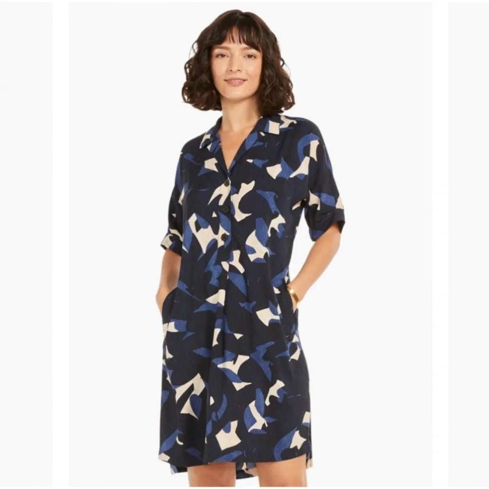 Nic + Zoe Abstract Billow Dress Womens Large Blue Shift Boho Pockets Mini